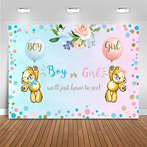 Mocsicka Bear Gender Reveal Backdrop Pink or Blue Balloons Boy or Girl Gender Reveal Background Blue Pink Dots Floral Baby Shower Party Banner Supplies -7x5ft -82x60 inch--