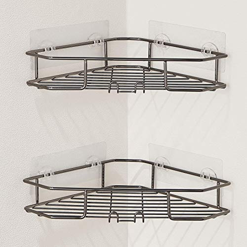 BOPai Corner Shower Shelf with Razor Hooks - Adhesive Dill Free Durable Stainless Still Elegant Gray -2 Tier-