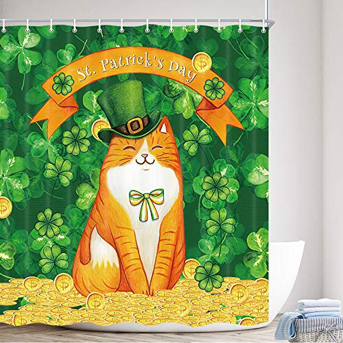 MERCHR Happy St. Patricks Day Fabric Shower Curtain Irish Green Shamrock Leaves Cat Gold Coin Hat Polyester Fabric Waterproof Bath Curtain Bathroom Shower Curtains with Hooks 69X70inch