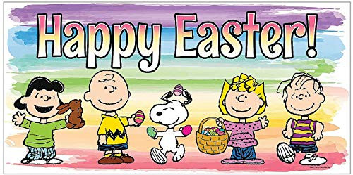 Peanuts Characters Lucy Charlie Brown Snoopy Sally and Linus Easter Egg Hunt Jumbo Happy Easter Vinyl Banner 6-Feet x 3-Feet