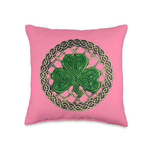 Atteestude Green Shamrock Celtic Knots With Pink Background Throw Pillow 16x16 Multicolor
