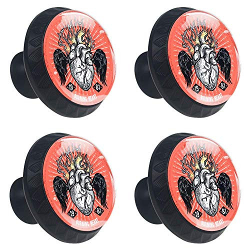 TIKISMILE Burning Heart Tattoo Drawer Knob Pull Handle Crystal Glass Circle Shape Cabinet Drawer Pulls Cupboard Knobs with Screws for Home Office Cabinet Cupboard -4 Pieces-
