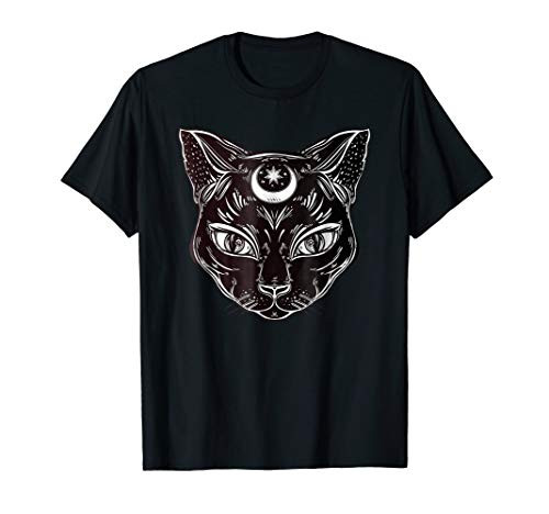 Black Cat Halloween Boho Tshirt - Gothic Witchcraft Tattoo T