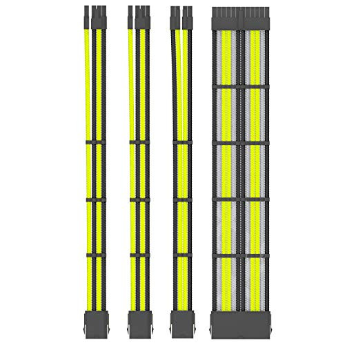 Funtin Custom Mod Sleeved PSU Cable UL1015 18AWG Black_Yellow_Gray Braided ATX EPS PCI-E Extension Cable Kit with Combs for CPU GPU Power Supply Unit 30CM