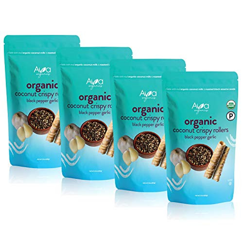 Ava Organics - Coconut Crispy Rollers - Black Pepper Garlic - Gluten Free - Baked Snack - Savory and Sweet - 2.82 oz -Pack of 4- Ava Organics - Coconut Crispy Rollers - Black Pepper Garlic - Gluten Free - Baked Snack - Savory and Sweet - 2.82 oz -Pack of 4-