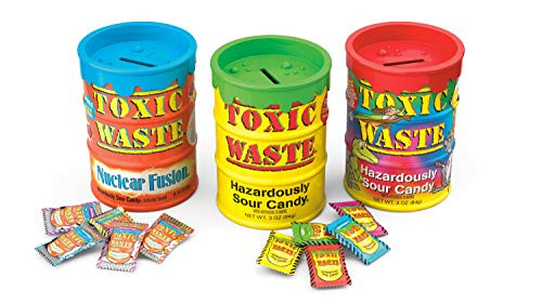 TOXIC WASTE Hazardously Sour Candy Nuclear Fusion -Orange- and Toxic Waste -Yellow and Tie Dye- 10 Assorted Flavors Set of 3 Banks