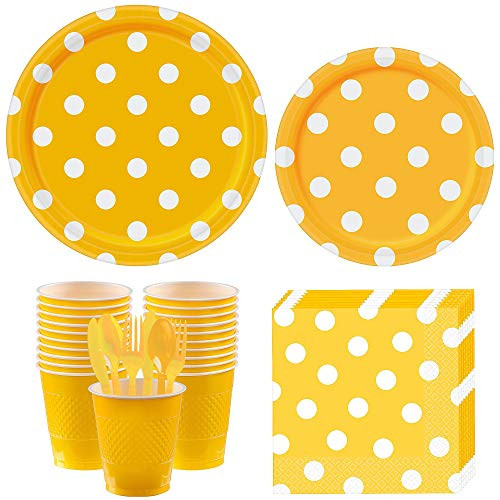 Party City Yellow Polka Dot Tableware Kit for 8 Guests Party Supplies Includes Plates Napkins Cups and Flatware