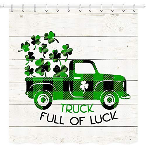 JAWO St. Patricks Day Shower Curtain Happy St. Patricks Day Buffalo Plaid Truck Shamrock Rustic Farmhouse Fabric Bath Curtains with Hooks 69W X 70L Inches