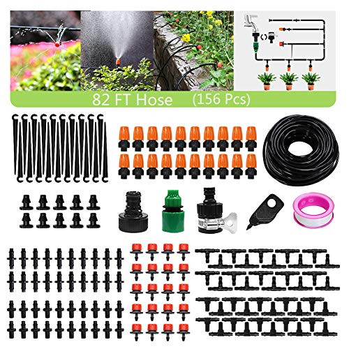 Drip Irrigation Kit 82Ft/25M Garden Irrigation System 156Pcs Automatic Garden Watering System with Adjustable Dripper 1/4 inch Blank Distribution Tubing Hose for Greenhouse Garden Flower Bed Patio Lawn