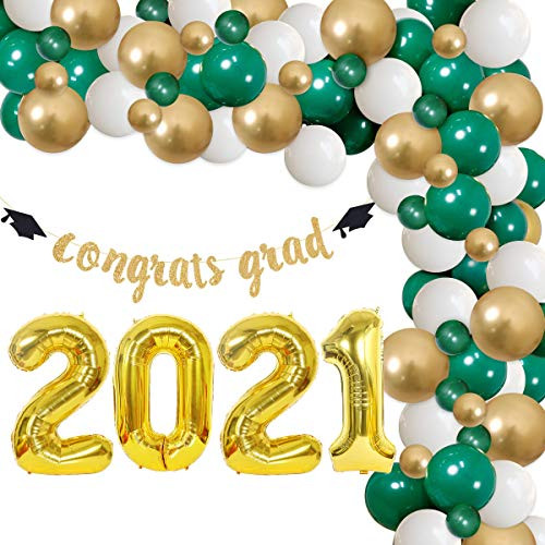 Green and Gold Graduation Party Decorations 2021 Congrats Grad Decorations - Green Balloon Garland Kit with Congrats Grad Banner for College Senior High School Class of 2021 Graduation Decorations