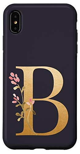 iPhone XS Max Floral Monogram Initial Letter B Boho Pink Flower Navy Blue Case