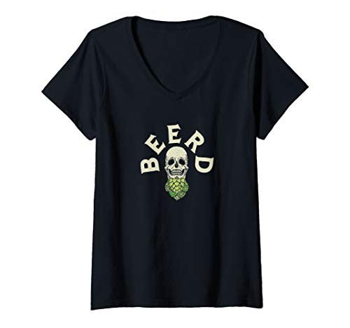 Womens Beerd Hop Skull Beard for Bearded Craft Beer Lovers Retro V-Neck T-Shirt