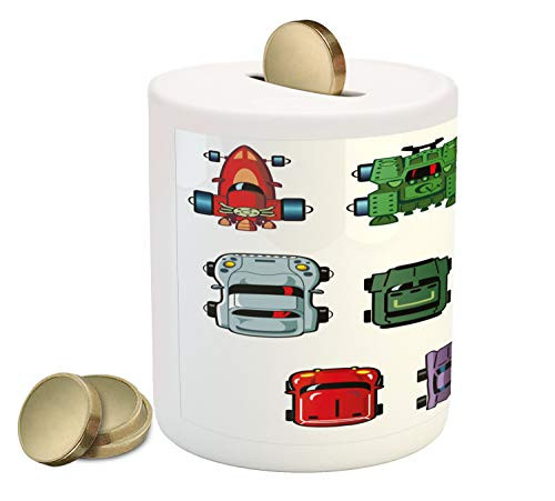 Lunarable Nursery Piggy Bank Various Model Caricature Race Cars Little Logo Style Game Vehicles Display Printed Ceramic Coin Bank Money Box for Cash Saving Multicolor