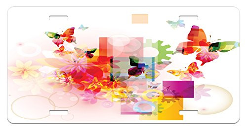 Ambesonne Abstract License Plate Natural Design with Flowers Leaves Squares Rounds Circles Artwork Image Art Print High Gloss Aluminum Novelty Plate 5.88 inch X 11.88 inch Multicolor