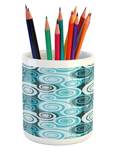 Ambesonne Abstract Pencil Pen Holder Pastel Grunge Toned Spiraling Circles Surreal Marine Modern Oval Shapes Ceramic Pencil Holder for Desk Office Accessory 3.6 inch X 3.2 inch Sky Blue Grey Teal