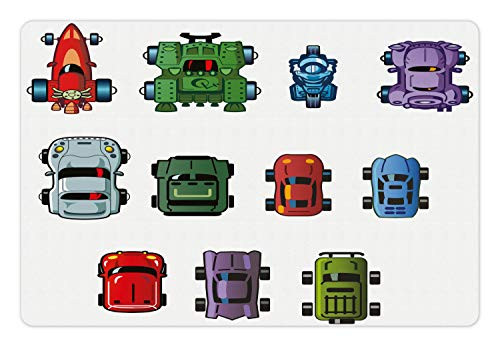 Lunarable Nursery Pet Mat for Food and Water Various Model Caricature Race Cars Little Logo Style Game Vehicles Display Rectangle Non-Slip Rubber Mat for Dogs and Cats Multicolor