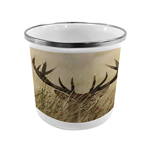 Lunarable Antler Steel Camping Mug Whitetail Deer Fawn in Wilderness Stag in Countryside Rural Hunting Theme Printed Thermal Cup for Camping and Outdoor Activities Brown Sand Brown