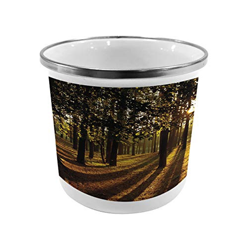 Lunarable Forest Metal Camping Cup Sunbeams Rays Through The Trees in Summertime Forest Countryside View Art Print Stainless Steel Mug for Indoor and Outdoor Activities Orange Brown
