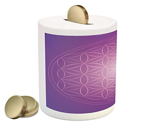 Ambesonne Abstract Piggy Bank Flower of Life in Vibrant Psychedelic Tones Love Soul Display Printed Ceramic Coin Bank Money Box for Cash Saving Fuchsia Purple