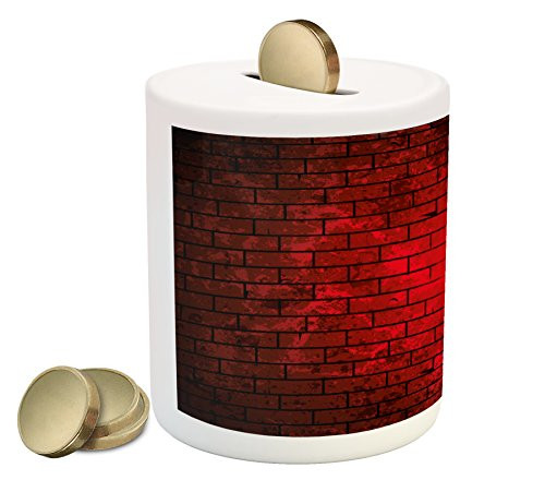 Lunarable Maroon Piggy Bank Dark and Grunge Brick Wall Stained Display Vibrant Vintage Design Vignette Effect Printed Ceramic Coin Bank Money Box for Cash Saving Maroon Black