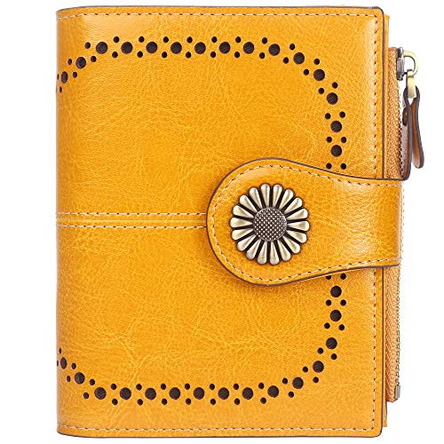 Lavemi Womens Leather Wallet RFID Blocking Small Bifold Compact Credit Card Case Purse for Women with ID Window Zipper Pocket-Yellow-