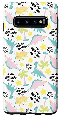 Galaxy S10 Cute Dino Dinosaur Pattern in Pastel Yellow Pink Teal Blue Case