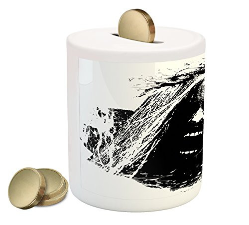 Ambesonne Zombie Piggy Bank Horror Sketch of a Crazy Man in Pain Screaming Portrait Evil Style Display Printed Ceramic Coin Bank Money Box for Cash Saving Black White