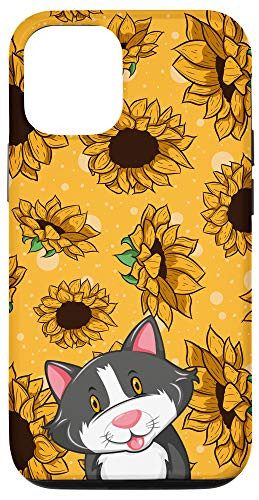 iPhone 12/12 Pro Happy Grey Cat Yellow Sunflower Pattern Case