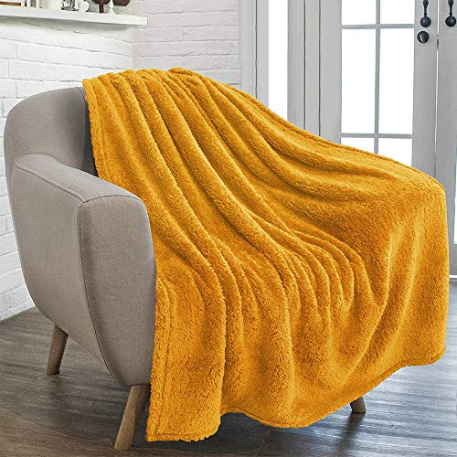 PAVILIA Plush Sherpa Throw Blanket for Couch Sofa - Fluffy Microfiber Fleece Throw - Soft Fuzzy Cozy Shaggy Lightweight - Mustard Yellow Blanket - 50 x 60 Inches