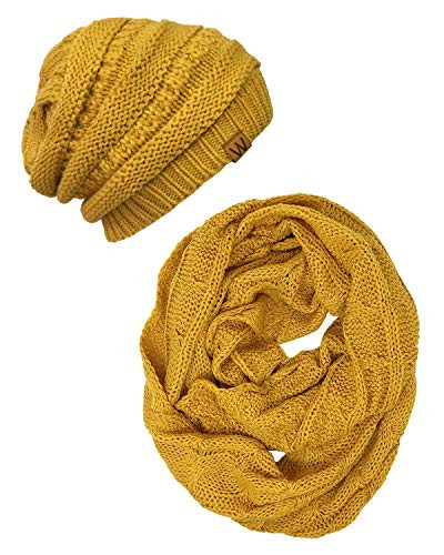 Wrapables Winter Warm Chunky Cable Knit Infinity Scarf and Beanie Set Yellow