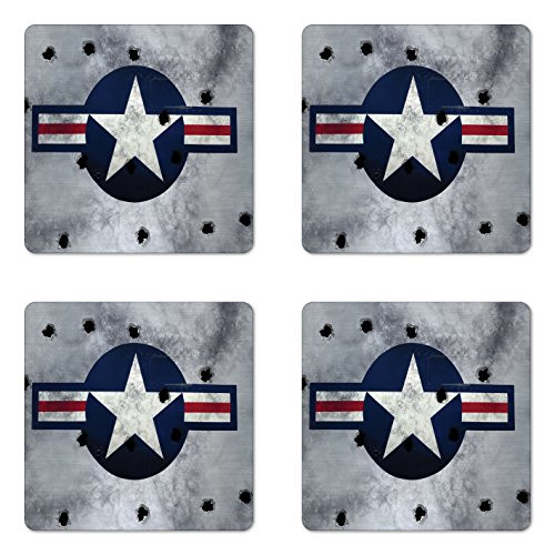 Ambesonne Airplane Coaster Set of 4 Star on Round Circle with Stripes with Grunge Effect Backdrop Aircraft Square Hardboard Gloss Coasters for Drinks Red Grey Blue White