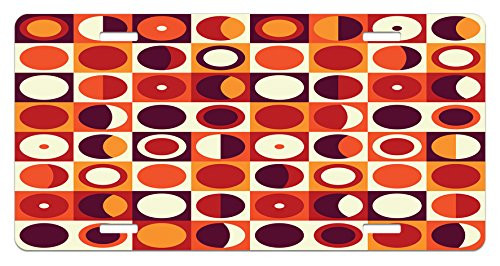 Lunarable Geometric License Plate Geometric Pattern Retro 60s Style Colors Squares Circles Composition High Gloss Aluminum Novelty Plate 5.88 inch X 11.88 inch Orange Dried Rose Ivory