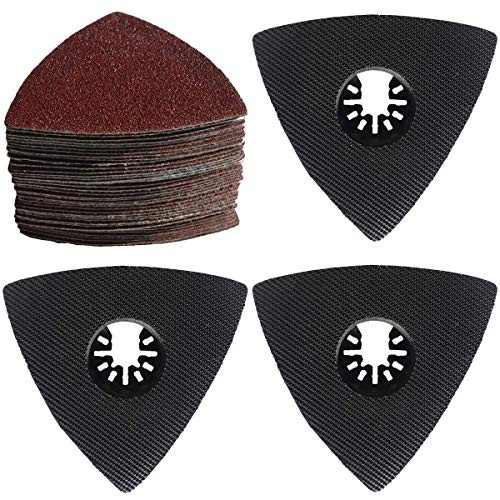 XXGO 63 Pcs 3-1/8 inch Triangle Oscillating Tool Sanding Pads Kits Include 60 Pcs Triangle Sandpaper and 3 Pcs Triangle Sanding Pads XGM0302