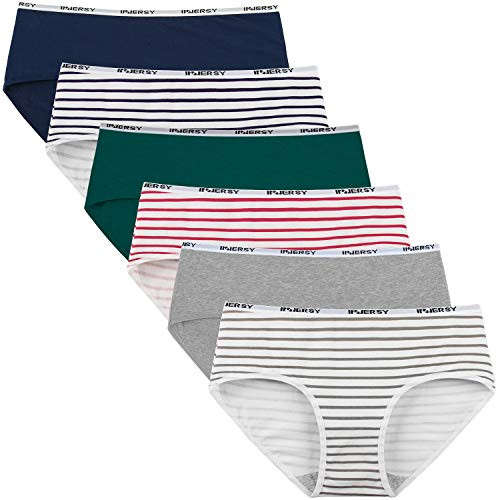 INNERSY Womens Cotton Sporty Underwear Hipster Panties Regular  and  Plus Size 6-Pack-MediumNavy Green Grey and Stripes-