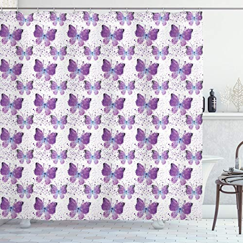 Ambesonne Butterfly Shower Curtain Surreal Star Patterned Background with Polygonal Butterflies Modern Cloth Fabric Bathroom Decor Set with Hooks 84 inch Long Extra Purple Pale Blue White