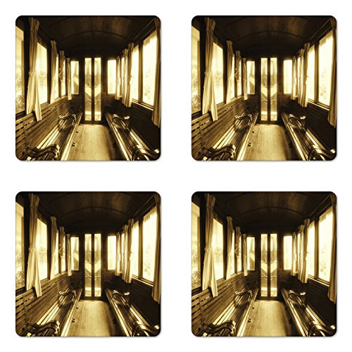 Ambesonne Antique Coaster Set of 4 Old Vintage Train Salon Inside Historical Transport Windows with Curtains Arch Shape Square Hardboard Gloss Coasters for Drinks Sepia