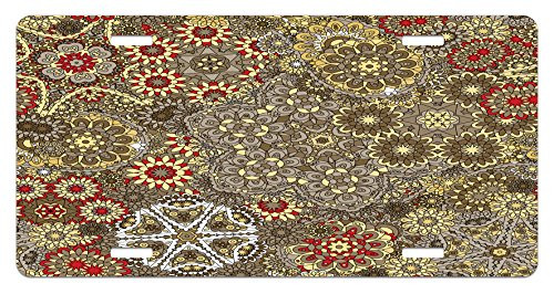 Lunarable Batik License Plate Vintage Paisley Forms with Batik Style Flowers and Circles Moroccan Persian Patterns High Gloss Aluminum Novelty Plate 5.88 inch X 11.88 inch Multicolor