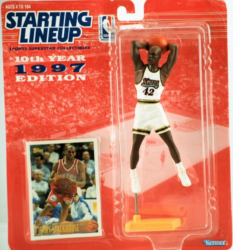 Starting Lineup 1997 - Kenner 10th Anniversary - NBA - Jerry Stackhouse 42 - Philadelphia 76ers - Vintage Action Figure - w/ Topps Trading Card - Limited Edition - Collectible