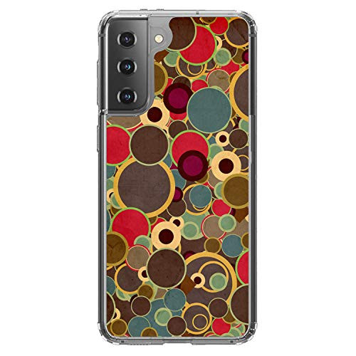 DistinctInk Clear Shockproof Hybrid Case for Samsung Galaxy S21 5G -6.2 inch Screen- - TPU Bumper Acrylic Back Tempered Glass Screen Protector - Brown Red Yellow Circles - Relive The 80s