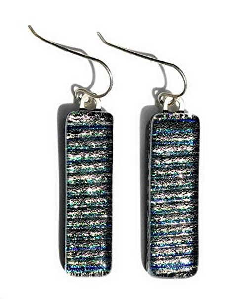 Pink Green Purple Fibroid Line Texture Dichroic Fused Glass Earrings with Solid Sterling Silver Ear Wires