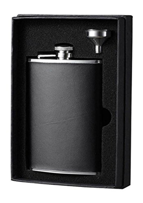 Visol Holiday Essential II Ano Smooth Black Leather Liquor Flask Gift Set, 8 oz, Silver