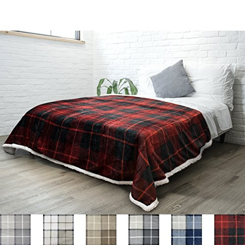 PAVILIA Premium Sherpa Twin Size Blanket | Plaid Design Flannel Fleece Twin Bed Blanket | Plush, Soft, Cozy, Warm, Lightweight Microfiber, Reversible, All Season Use (Red, 60 x 80 Inches)