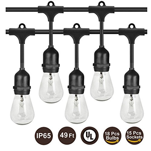BRTLX Weatherproof Outdoor String Lights,49Ft S14 String Lights with 18pcs 11w Incandescent Bulbs,15pcs E26 Sockets, Warm White 2700K,Indoor and Outdoor Use