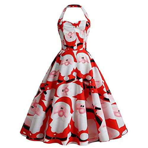 Womens Vintage Halter Dress Christmas A-Line Dress Sweetheart Neck Sleeveless Print Dress Party Dress Red