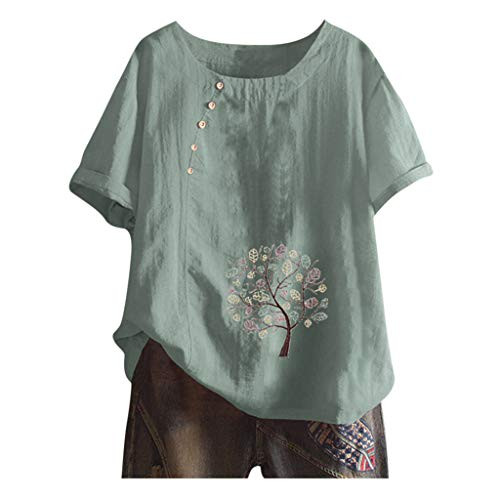 HGWXX7 Plus Size Women Vintage Short Sleeve Cotton Linen Blouse O-Neck Floral Print Loose Casual Tunic Pullover Tops T-Shirts Green