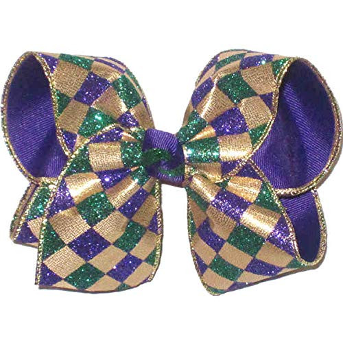 HL-160L Large Mardi Gras Purple Green Glitter and Metallic Gold Jester Print over Purple