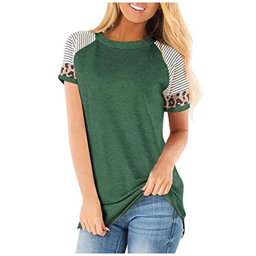 Womens Crew Neck Long Sleeve Leopard Print Color Block Casual Loose T-Shirt Tops Tee Tunics Green