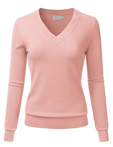 LALABEE Womens V-Neck Long Sleeve Soft Basic Pullover Knit Sweater Dustypink L