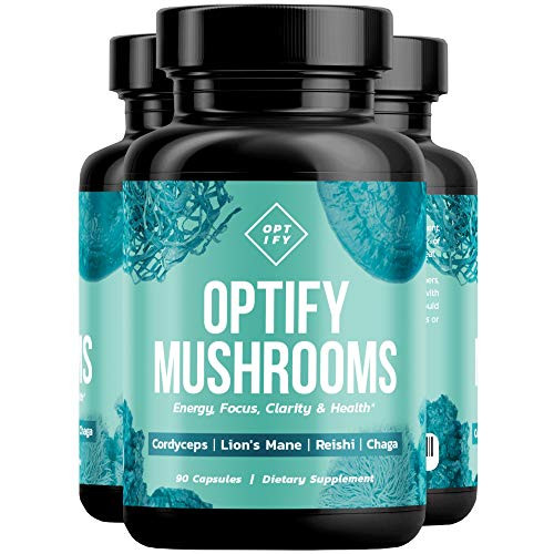 OPTIFY Mushroom Supplement - Max Strength 4X Extract Lions Mane Cordyceps Reishi  and  Chaga - Immune System Support for Stress Relief Energy Focus Memory - Nootropic Brain Booster - 90 Capsules