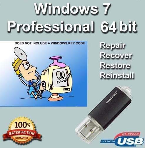 9th  and  Vine USB Compatible With Windows 7 Professional 64 bit. Install To Factory Fresh Recover Repair and Restore Boot Disc. Fix PC